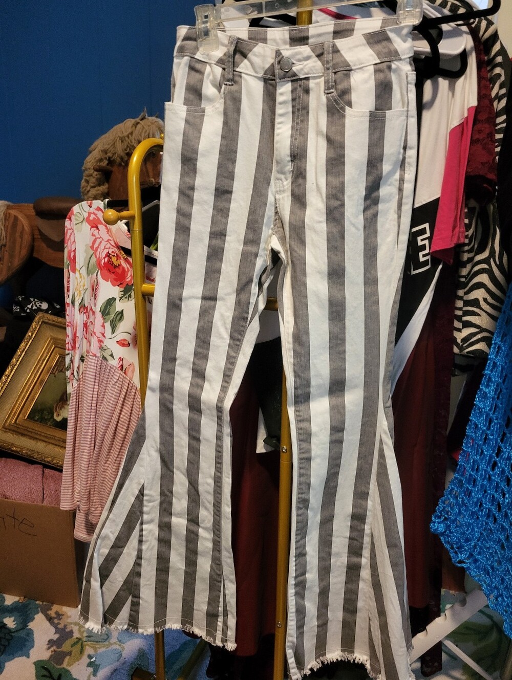 Saints & Hearts Striped Flare Women's Jeans - White & Gray